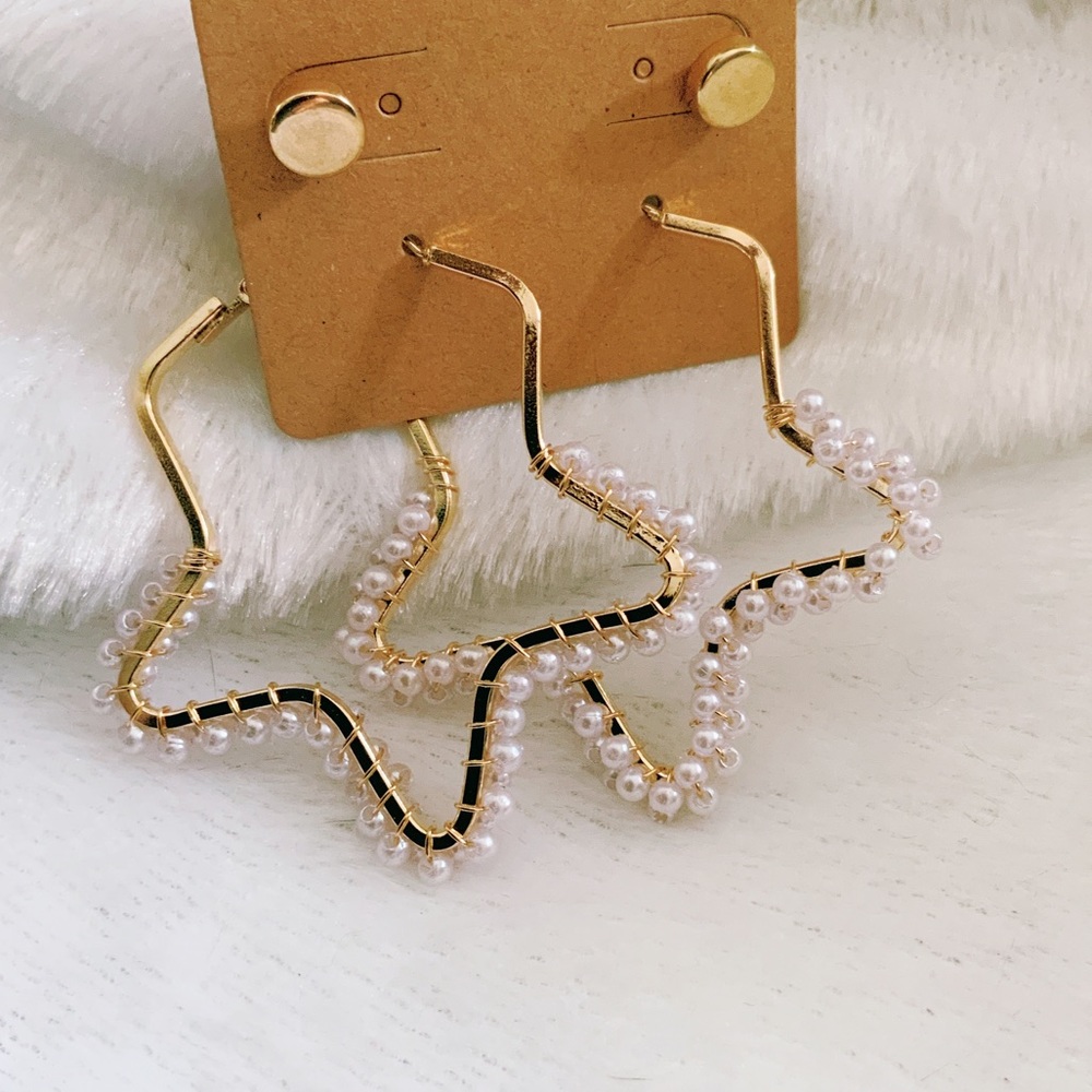 BOGO Star Gold Hoop Earrings Wrapped Pearls Beads Gold Flat Disk Circle Studs